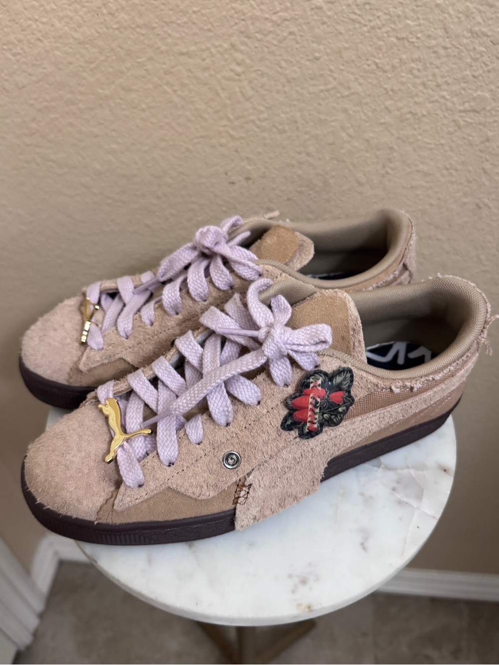Women Puma Suede x X-Girl Toasted Almond hairy beige suede edgy casual sz 8.5
